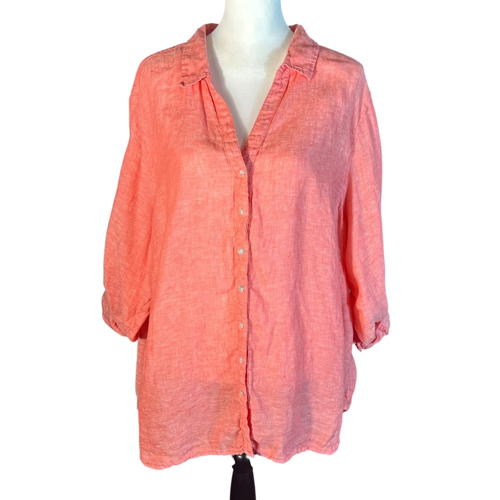 Sigrid Olsen Button Down Women 3X Coral 100% Linen Roll Tab Sleeve‎ Shirt